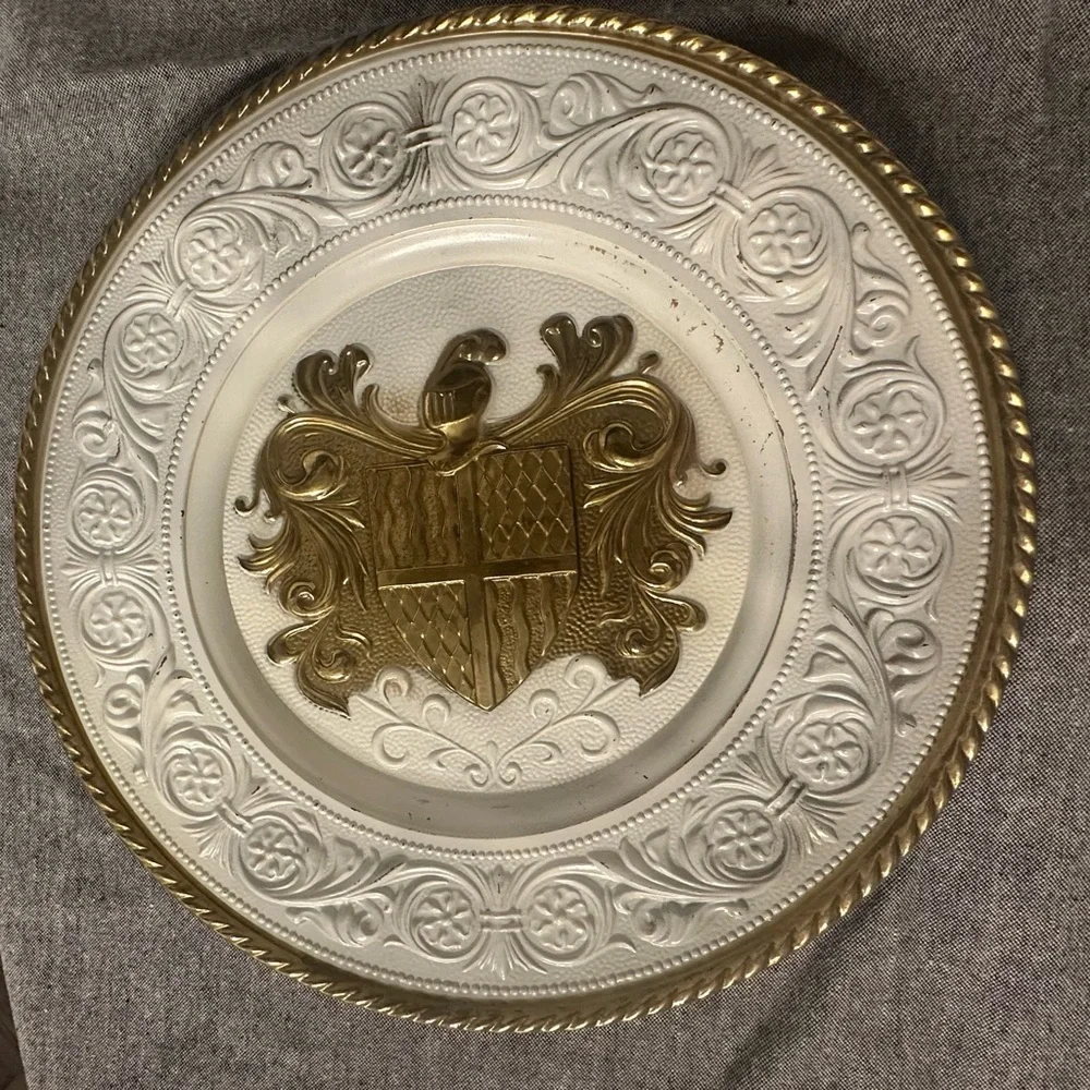 Elegant Brass / White Shield Coat of Arms Wall Plaques. Set of 2
